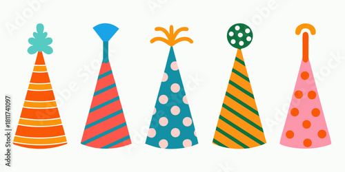 Colorful party hats with different patterns and toppings on white background