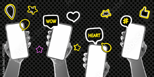 Social media engagement concept with hands holding smartphones and speech bubbles