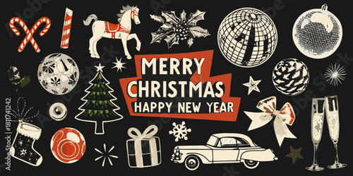 Retro christmas and new year illustration with festive elements on black background