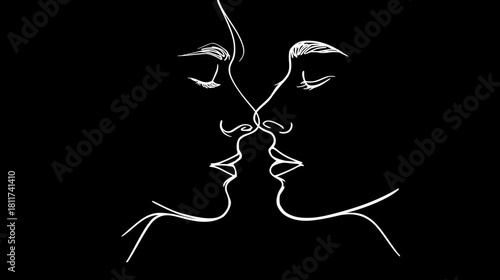 Conceptual minimalist line art of two faces kissing, creating a vase optical illusion in negative space on black. Abstract love artwork.