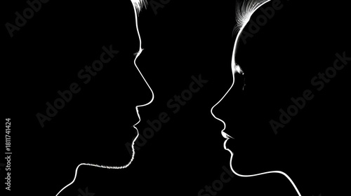 Minimalist white outline silhouettes of a man and woman facing each other on a black background, symbolizing connection and relationship.