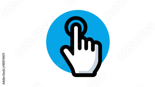 Digital hand cursor icon with finger tapping a point on a blue circle, representing touch, click, select, and user interface interaction.