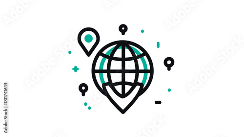 Global location pin icon with world map representing international travel, worldwide network, connectivity, and GPS tracking.