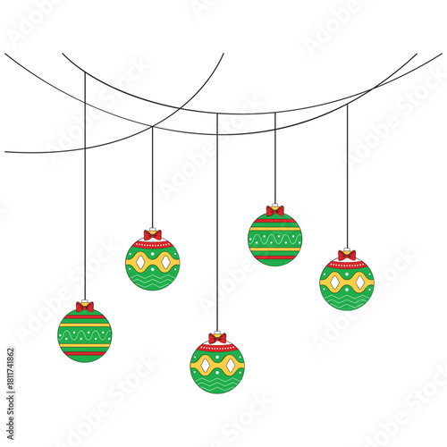 Bilde på lerret Vector hanging Christmas ball ornaments and string lights border