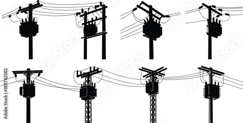 Silhouette vector illustration of utility poles with electrical transformers and power lines—distribution infrastructure layout for engineering, planning, technical reference, and design