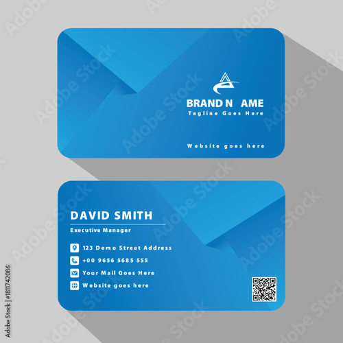 Modern blue business card template design with brand name and contact information