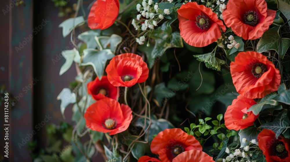 Fototapeta premium Red Poppy Flowers and Greenery Wreath Decor