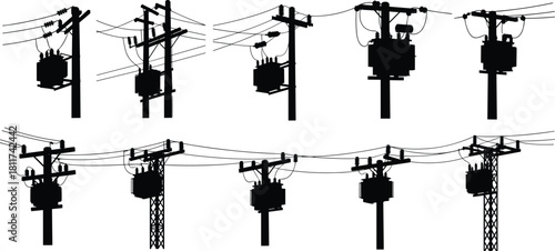 Silhouette vector illustration of utility poles with electrical transformers and power lines—distribution infrastructure layout for engineering, planning, technical reference, and design