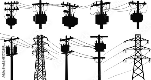 Silhouette vector illustration of cable cars suspended from utility poles—transport infrastructure layout for urban commuting, tourism, engineering, and planning reference