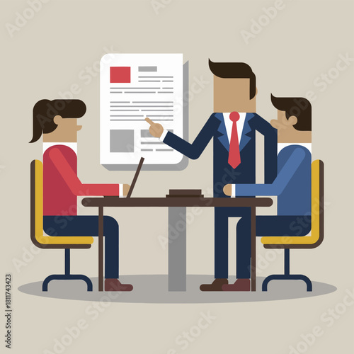 A business leader presenting information on a large document to two colleagues, seated at a desk in a professional office environment, discussing corporate plans