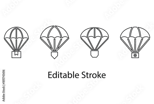 parachute icon editable stroke vector set,  skydiving during flight vector line art illustration