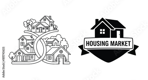 Simple illustration depicting houses and a banner labeled housing market