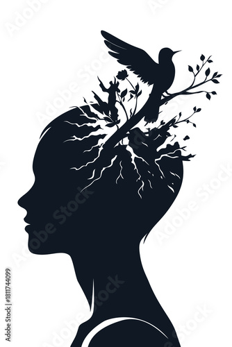 A surreal silhouette of a woman’s head filled with blooming branches and a soaring bird, symbolizing emotional healing, inner freedom, mental growth, and spiritual awakening.