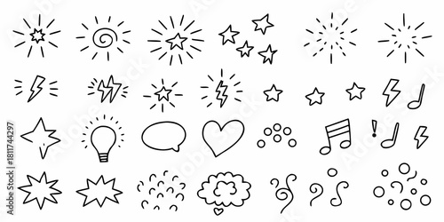 Hand drawn doodle elements collection stars lightning hearts and more