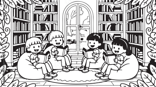 Reading together illustration showcasing group of kids enjoying books in library cute children in education scene monochrome vector illustration educational pastime
