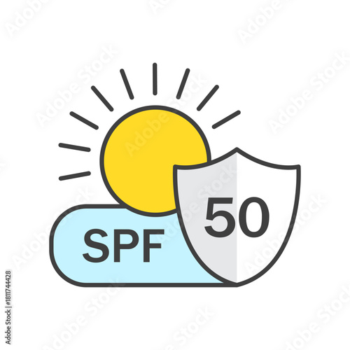 SPF 50 icon in flat style. UV protection vector illustration on isolated background. Sunscreen sign business concept.