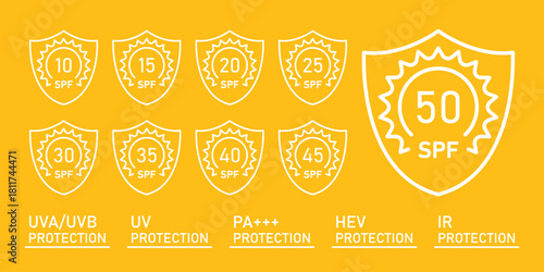 SPF 50 icon set collection in flat style. UV protection vector illustration on isolated background. Sunscreen sign business concept.