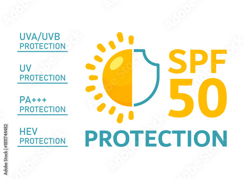 SPF 50 icon in flat style. UV protection vector illustration on isolated background. Sunscreen sign business concept.