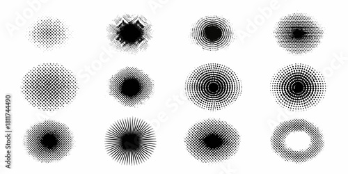 Collection of twelve abstract halftone vector circle designs on white