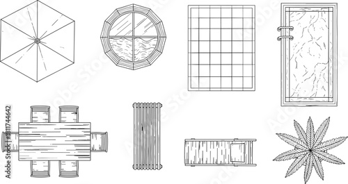 Hand drawn landscape architecture top view set, patio furniture, swimming pool, umbrella, deck chair, dining table, sketch vector collection, isolated.