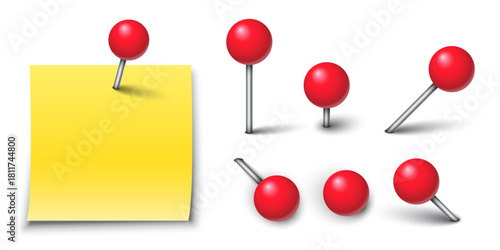 Red needle pin with paper sticker in flat style. Map push pins vector illustration on isolated background. Pushpin for paper notice sign business concept.