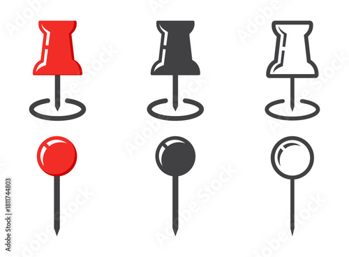 Needle pin with shadow set collection in flat style. Map push pins vector illustration on isolated background. Pushpin for paper notice sign business concept.