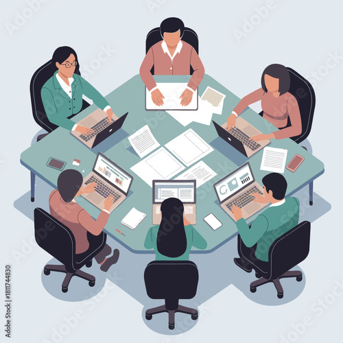 Business people having meeting in modern conference room top view of diverse team collaborating on project with laptops and documents on table