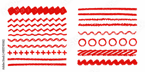 Red hand drawn brush stroke lines and shapes collection on white
