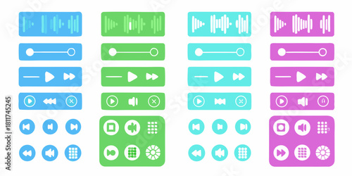Colorful hand drawn music player interface elements set on white