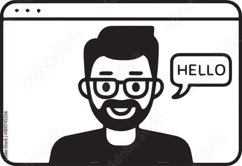 Virtual Meeting and Online Communication Vector Illustration Man Having Video Call Dialogue Bubble Hello Communication Technology Modern Interface and Avatar