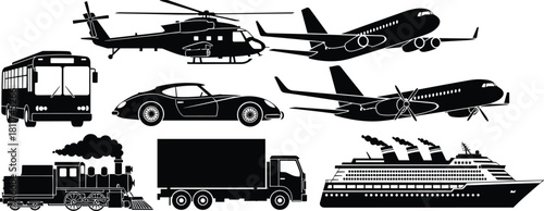 Black and white silhouette vector set of various transportation vehicles including helicopter, airplane, bus, sports car, steam train, cargo truck, and luxury cruise ship.