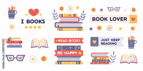 Cute book lover illustration with stacks of books and reading quotes