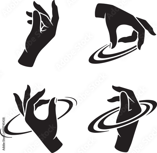 Hands Holding Digital Orbit Silhouette Vector Illustration Human Hands Gesturing Touching and Interacting with Virtual Space Tech Graphic Isolated Design Elements