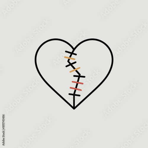Simple broken heart outline reconnected with red stitches vector – Ideal for healing concepts, resilience metaphors, or emotional recovery themes.
