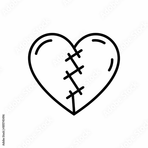 Simple broken heart outline repaired with stitches vector graphic – Perfect for personal growth content, minimalist design, or mending metaphors.