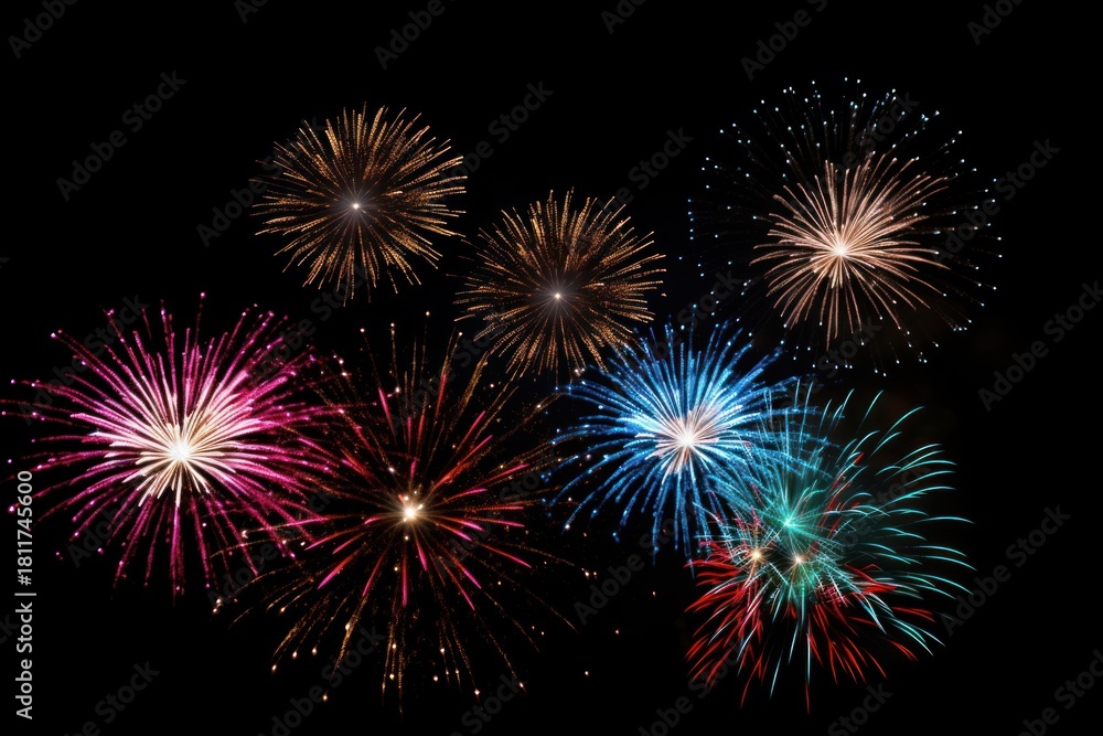 Naklejka premium Fireworks colorful on black sky outdoors night illuminated.