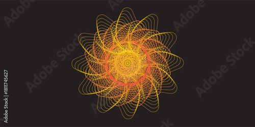 Abstract Geometric Flower with Yellow and Orange Lines on Black.