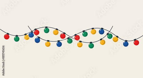 Christmas lights garland adorns off white surface, bright and festive. Christmas lights enhance holiday mood, decorating events and interiors.