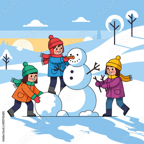 Children building snowman happily in snowy landscape, children build snowman with carrot nose and stick arms. Winter season shows children building snowman as winter activity.