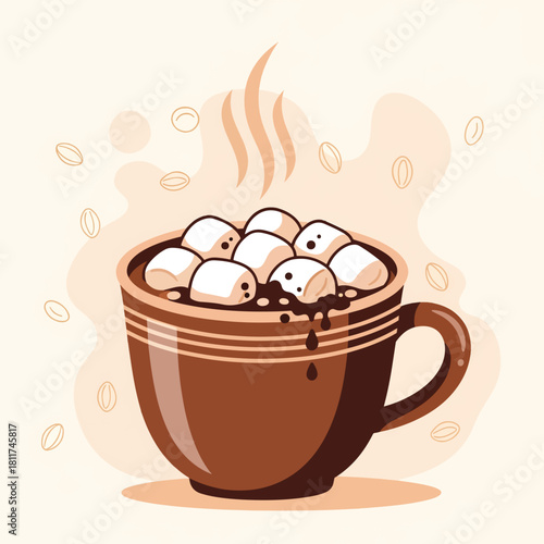 Warm hot cocoa with marshmallows fills rustic brown mug. Hot cocoa invites cozy indulgence and simple pleasures, complete with marshmallows melting deliciously into creamy beverage.