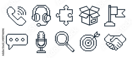 Pixel Art of Communication and Business Icons Set