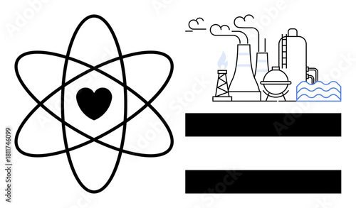 Atom with heart showing clean energy and equality beside industrial plants emitting smoke and pollution. Ideal for sustainability, energy, environment, science, equality, innovation, simple flat