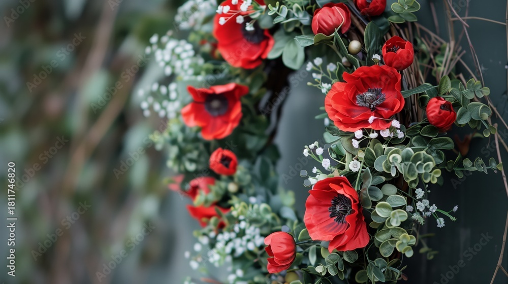 Obraz premium Elegant floral wreath featuring red poppies and lush green foliage