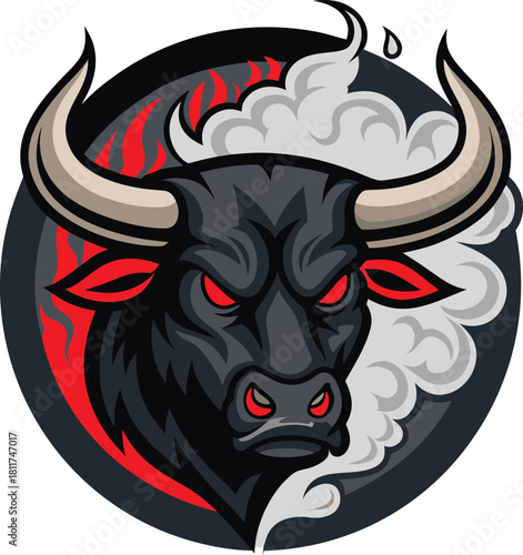 Fierce black bull mascot with glowing red eyes, surrounded by fire and smoke