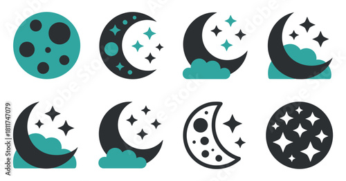 Collection of Moon Phases and Crescent Shapes with Stars