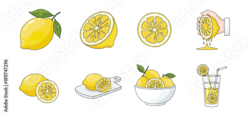 Fresh yellow lemons with leaves slices and juice illustration set isolated