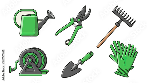 Gardening tools set illustration isolated black background