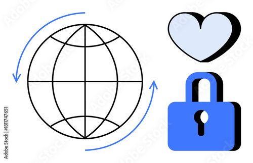 Globe with circular arrows, a heart, and a padlock highlight themes of global reach, love, security, and trust. Ideal for digital communication, privacy, relationships global care trust security