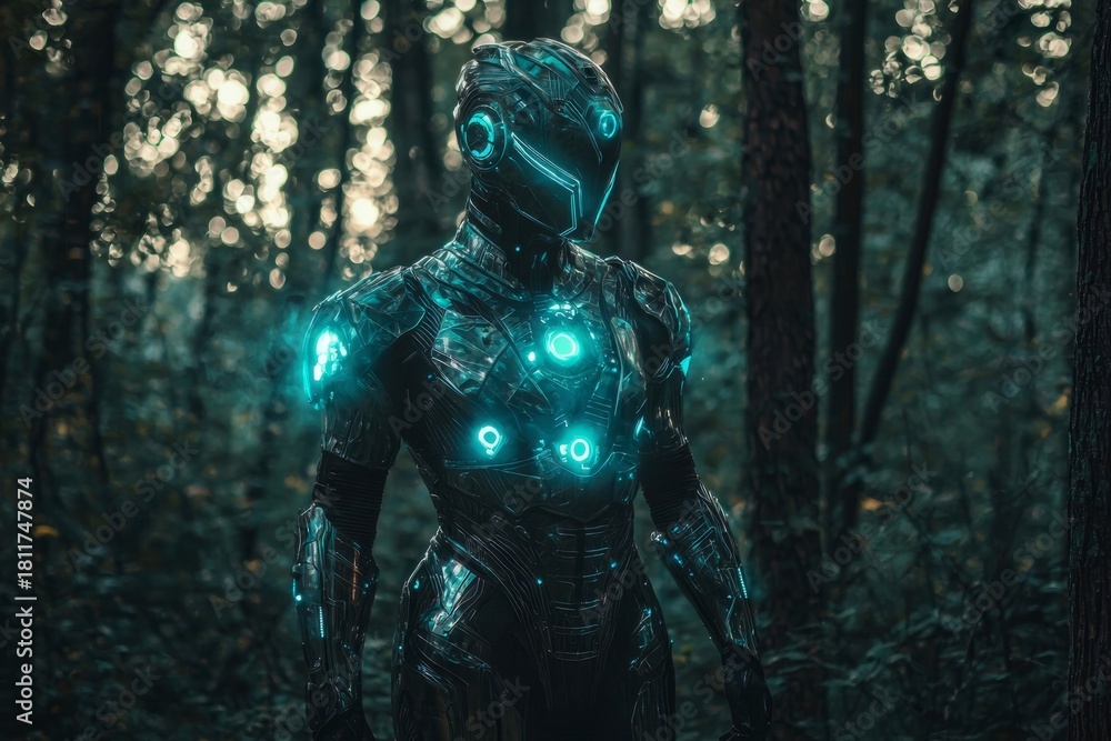 Fototapeta premium Man in formal suit standing among trees in a dense forest environment