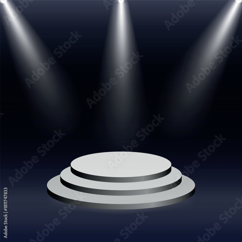 Three-level stage podium with dramatic spotlights on dark background